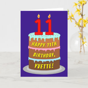 Tarjeta 11.º cumpleaños: Torta y velas divertidas + nombre