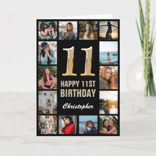 Tarjeta 11.º feliz cumpleaños Collage de fotos negro y oro