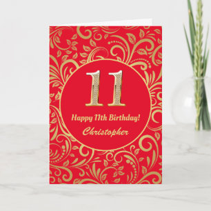 Tarjeta 11.º Patrón floral rojo y dorado