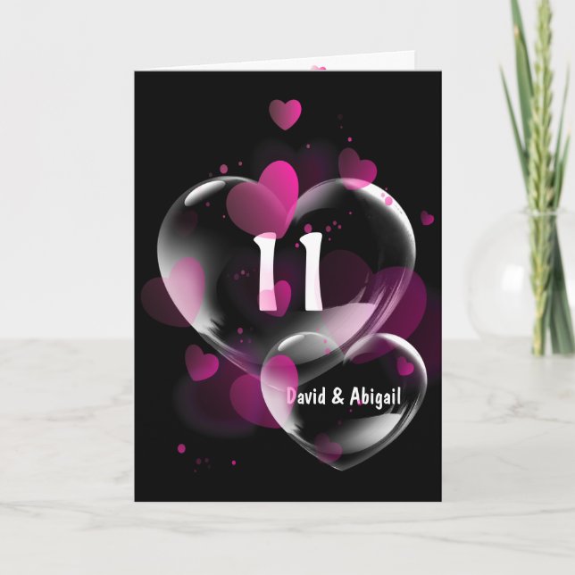 Tarjeta 11° aniversario burbujas de corazón en negro (Anverso)