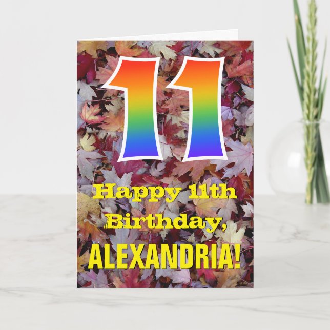 Tarjeta 11° cumpleaños; hojas de otoño rústicas; arco iris (Anverso)