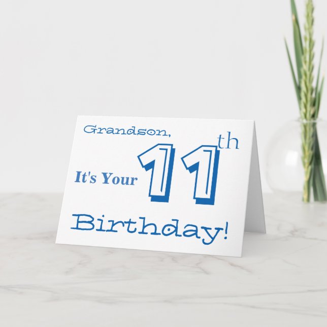 Tarjeta 11mo saludo del cumpleaños del nieto en azul y (Anverso)