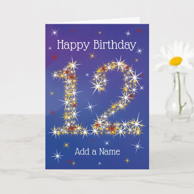 Tarjeta 12º cumpleaños - número 12 en las estrellas - azul (Planta pequeña)