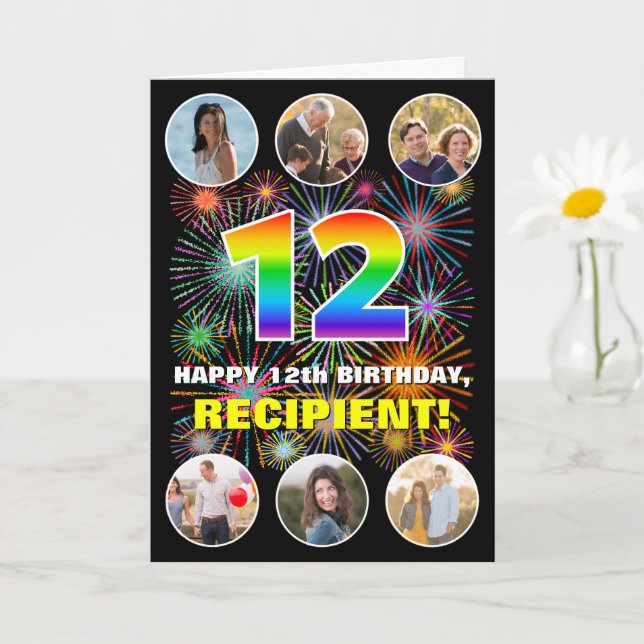 Tarjeta 12.º cumpleaños: Divertido arcoiris #, nombre pers (Planta pequeña)