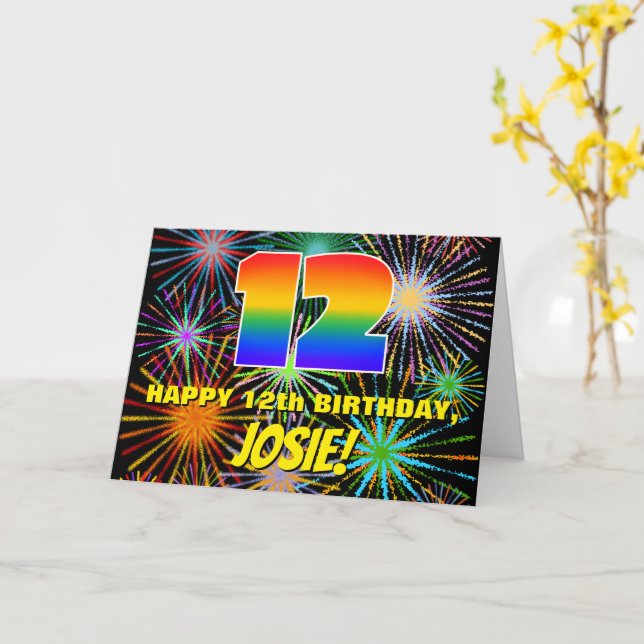 Tarjeta 12.º cumpleaños: Fuegos artificiales divertidos y  (flor amarilla)