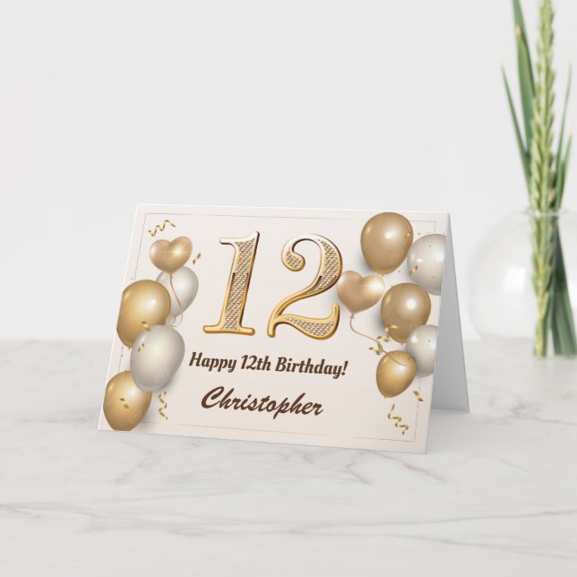 Tarjeta 12.º cumpleaños Globos de oro y cumpleaños de Conf (Anverso)