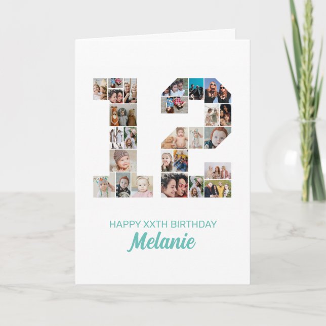 Tarjeta 12.º cumpleaños número 12 Collage de fotos persona (Anverso)