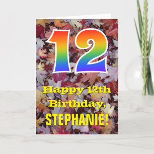 Tarjeta 12° cumpleaños; hojas de otoño rusticas; arco iris
