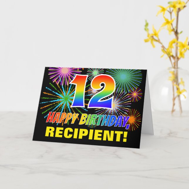 Tarjeta 12° cumpleaños: negrita, diversión, fuegos artific (flor amarilla)