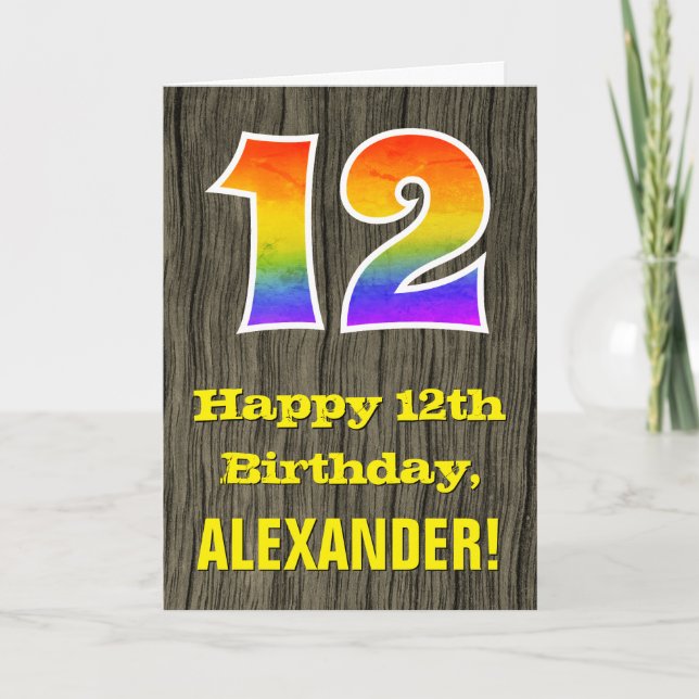 Tarjeta 12° cumpleaños: Rústica apariencia de madera falsa (Anverso)