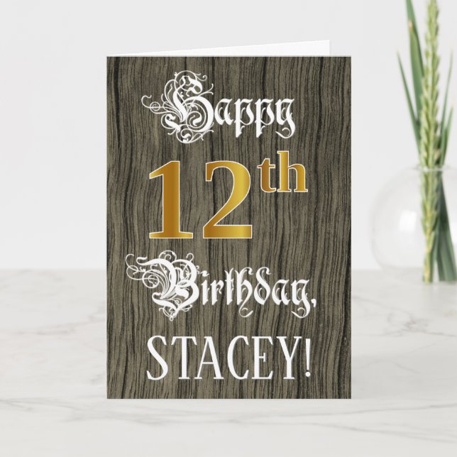 Tarjeta 12th Birthday: Faux Gold Look + Faux Wood Pattern (Anverso)