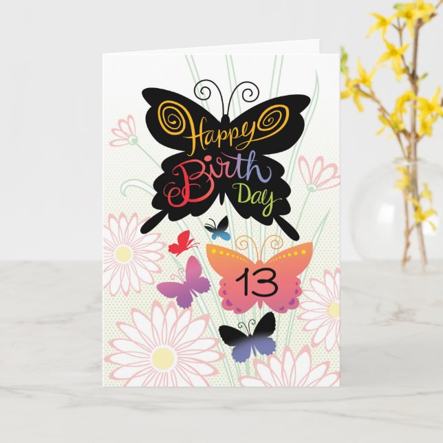 Tarjeta 13.ª Letulación a mano de mariposas (flor amarilla)