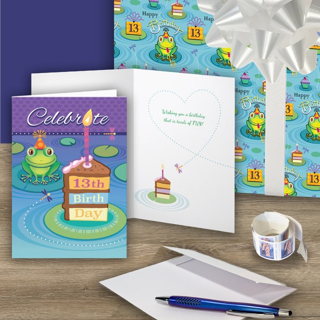 Tarjeta 13.ª Rana Cuta de Cumpleaños (wrap:https://www.zazzle.com/13th_birthday_frog_toads_of_fun_wrapping_paper_sheets-256983987459601751)