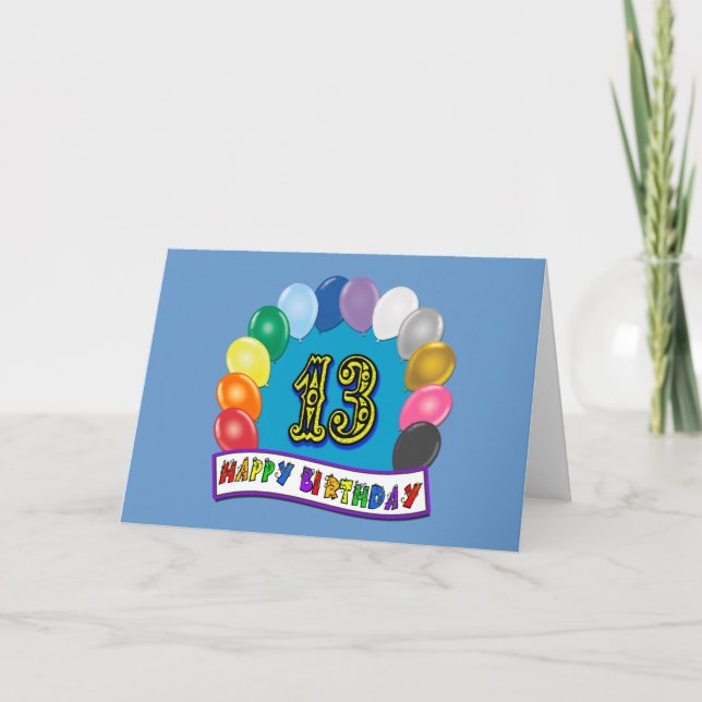 Tarjeta 13.ª Regalos de cumpleaños con diseño de globos va (Anverso)