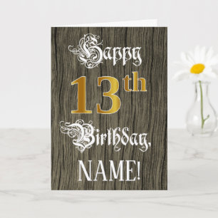 Tarjeta 13.º Cumpleaños: Faux Gold Look + Faux Wood Patter