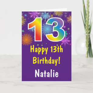 Tarjeta 13.º cumpleaños Morado de fuegos arcoiris colorido