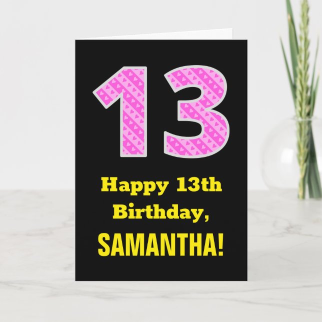 Tarjeta 13 Aniversario: Corazones y franjas rosadas "13" + (Anverso)