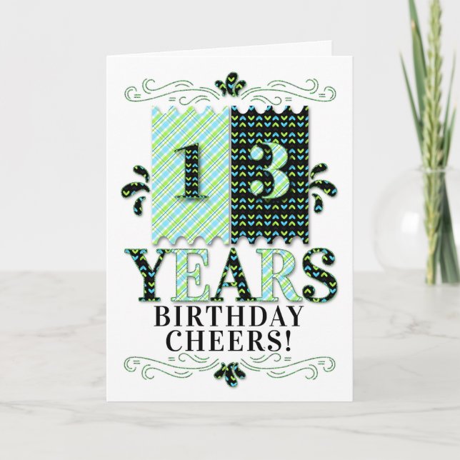Tarjeta 13 años para niños o Chicas en azul verde (Anverso)