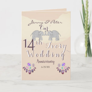 Tarjeta 14º Aniversario Boda Opals & Elephants con texto