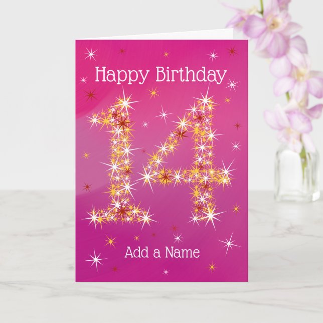 Tarjeta 14º cumpleaños - número 14 en las estrellas - rosa (Orquídea)
