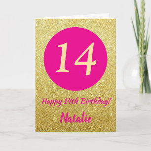 Tarjeta 14.ª feliz cumpleaños Purpurina de oro y rosado ca