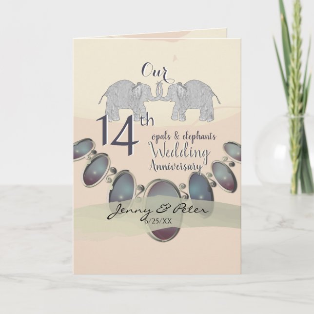 Tarjeta 14.º Boda Anniversay Elephants & Opals Blank C (Anverso)