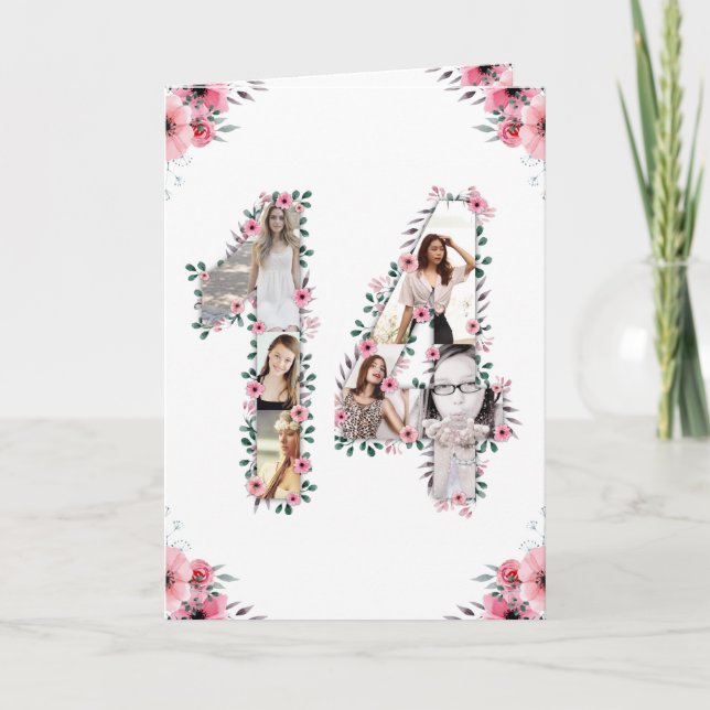 Tarjeta 14.º Chica de Collage de fotos de cumpleaños Flor  (Anverso)