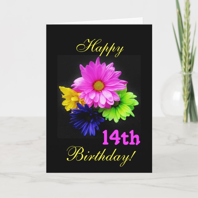 Tarjeta 14.º cumpleaños de Neon daisies (Anverso)