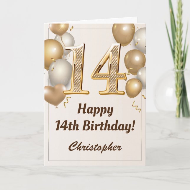 Tarjeta 14.º cumpleaños Globos de oro y cumpleaños de Conf (Anverso)