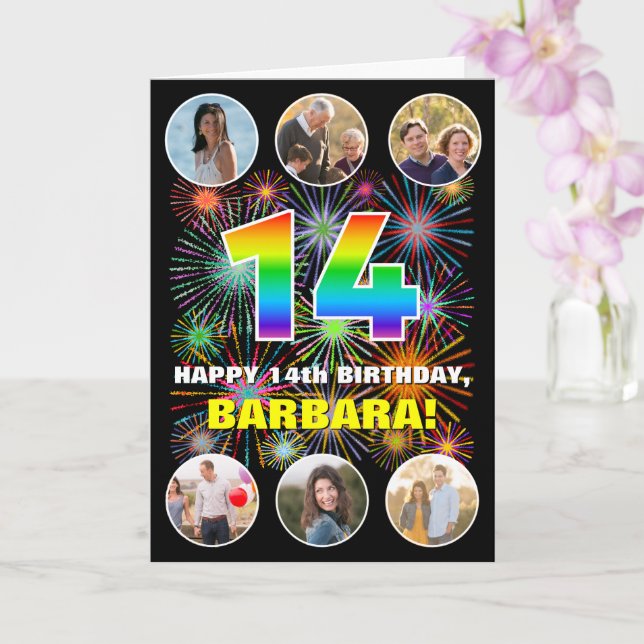 Tarjeta 14 Aniversario del arcoiris divertido #, nombre pe (Orquídea)
