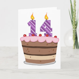 Tarjeta 14 años en el pastel de cumpleaños