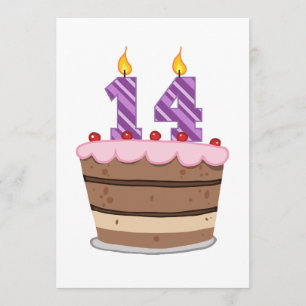 Tarjeta 14 años en el pastel de cumpleaños