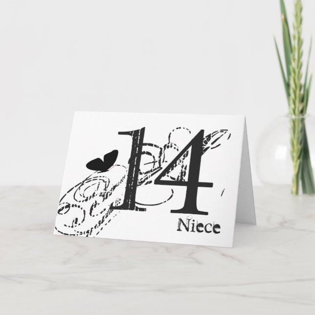 Tarjeta 14to cumpleaños para una sobrina, mariposa negra, (Anverso)