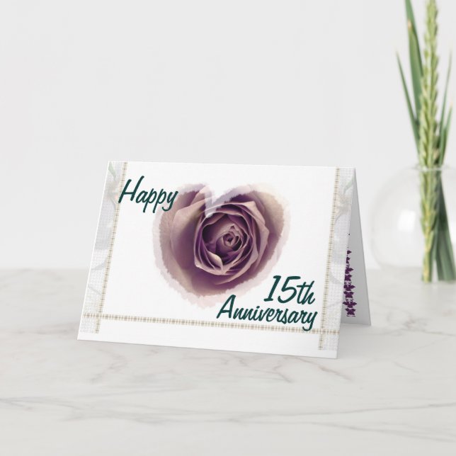 Tarjeta 15º Aniversario de Boda - Corazón de Rosa Púrpura (Anverso)