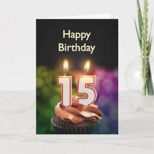 Tarjeta 15.º cumpleaños con torta y velas