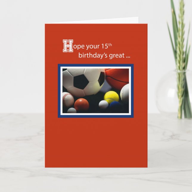 Tarjeta 15.º cumpleaños de todos los deportes, bolas, rojo (Anverso)