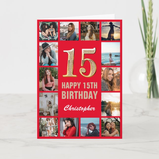 Tarjeta 15.º feliz cumpleaños Collage de fotos rojo y oro (Anverso)