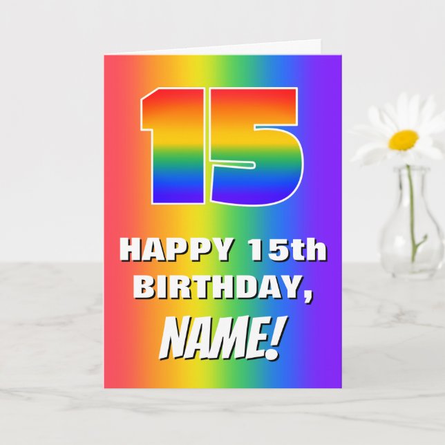 Tarjeta 15th Birthday: Colorful, Fun Rainbow Pattern # 15 (Planta pequeña)