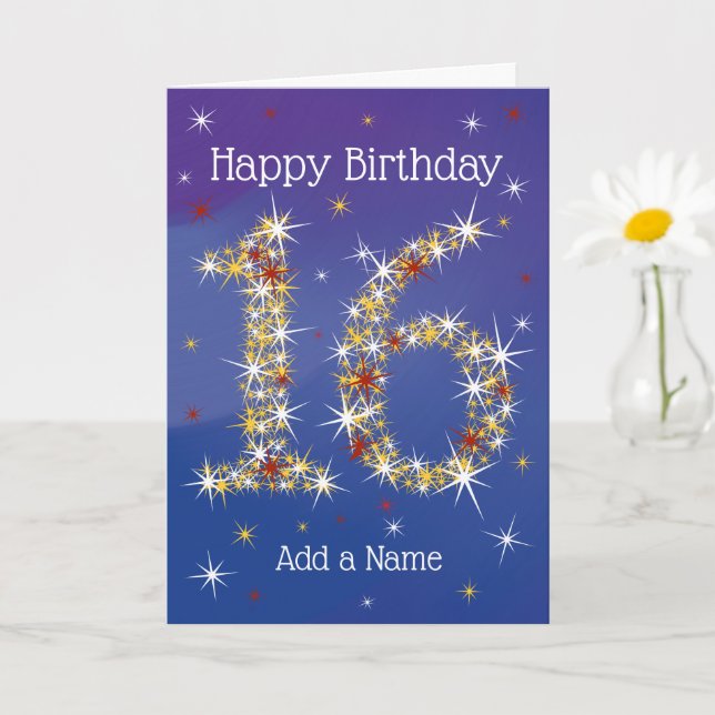 Tarjeta 16º cumpleaños - 16 en estrellas - azul - 16 años (Planta pequeña)