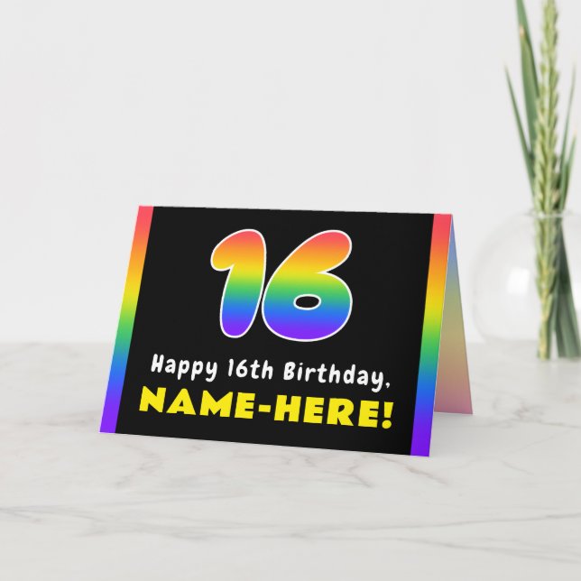 Tarjeta 16º cumpleaños: arcoiris colorido # 16, nombre per (Anverso)