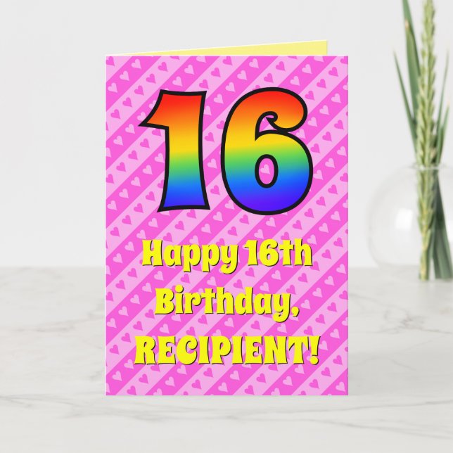 Tarjeta 16º cumpleaños: Rayas y corazones rosados, arcoiri (Anverso)
