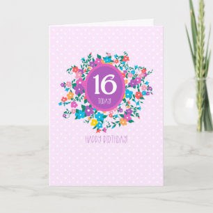 Tarjeta 16.º cumpleaños con flores y puntos de polka