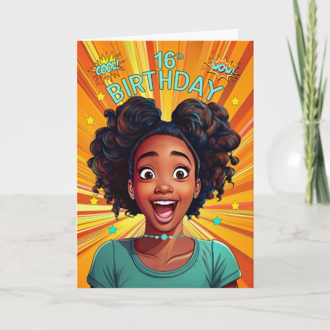 Tarjeta 16.º cumpleaños estilo pop Chica afroamericano (Anverso)