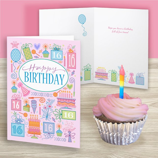 Tarjeta 16.º Cumpleaños Iconos Pastel Brillantes En Tarjet (Subido por el creador)