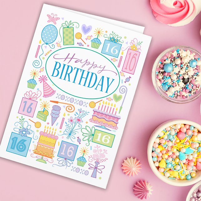 Tarjeta 16.º Cumpleaños Iconos Pastel Brillantes En Tarjet (Subido por el creador)