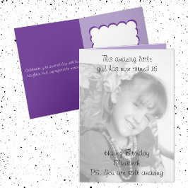 Tarjeta 16.º nombre increíble foto de cumpleaños morado