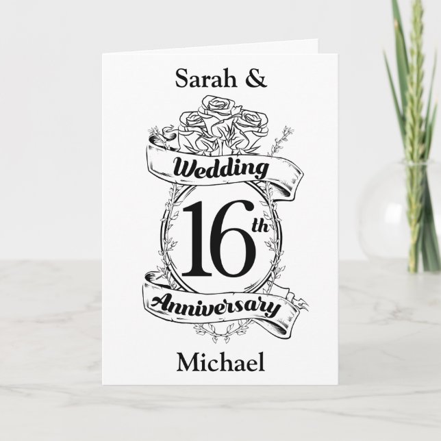 Tarjeta 16° Aniversario Boda Rosas blancas y negras (Anverso)