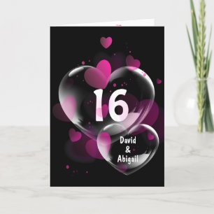 Tarjeta 16° aniversario burbujas de corazón en negro