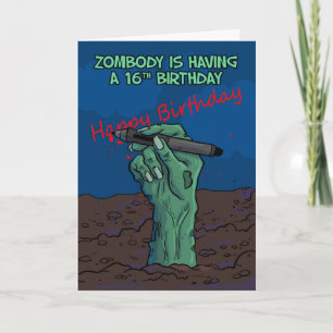 Tarjeta 16 Aniversario, Mano Zombie escribiendo un mensaje