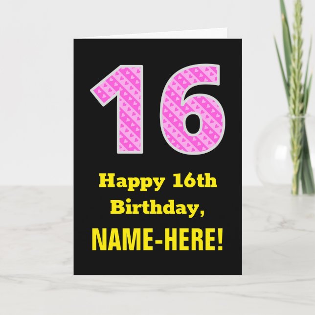 Tarjeta 16 Aniversario: Tiras y corazones rosados "16" + N (Anverso)